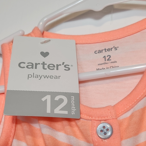 NEW NWT Carter's Baby Girl 12M Neon Orange Stripes Dress Onsie w/ Blue Bird - Picture 2 of 5